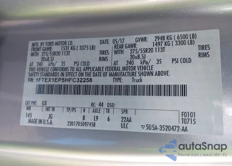 2017 Ford F-150 Xl из США, поврежденный, VIN 1FTEX1EP5HFC32258